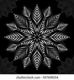 Mandala. Silver round ornament pattern on black background.