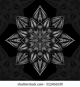 Mandala. Diseño de adorno redondo plateado sobre fondo negro. Ilustración vectorial.