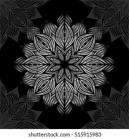 Mandala. Diseño de adorno redondo plateado sobre fondo negro. Ilustración vectorial.