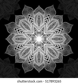 Mandala. Diseño de adorno redondo plateado sobre fondo negro. Ilustración vectorial.