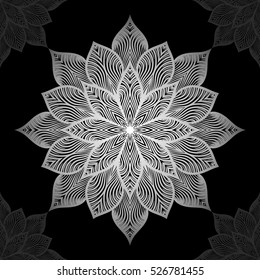 Mandala. Silver round ornament pattern on black background. Vector illustration.
