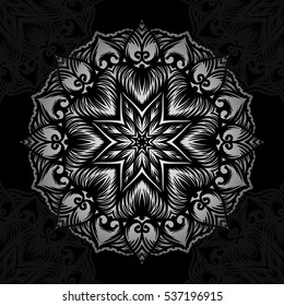 Mandala. Silver round ornament pattern on black background. Vector illustration.