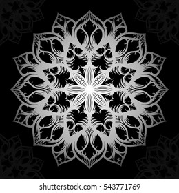 Mandala. Silver round ornament pattern on black background. Vector illustration.