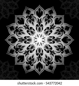 Mandala. Silver round ornament pattern on black background. Vector illustration.