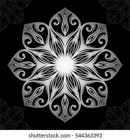 Mandala. Silver round ornament pattern on black background. Vector illustration.