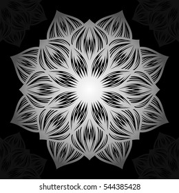 Mandala. Silver round ornament pattern on black background. Vector illustration.
