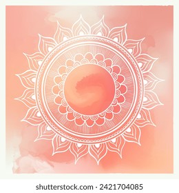 Mandala con un estilo de arte de líneas simples, elegantemente dibujado sobre un fondo de acuarela de color rojizo-peachy. Esta ilustración vectorial encarna armonía espiritual y elegancia decorativa.