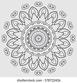 Mandala sketch round ornament, isolated design element. Doodle art for coloring book page. Tribal ethnic floral geometric pattern, arabic, indian style. Black and white, abstract monochrome background