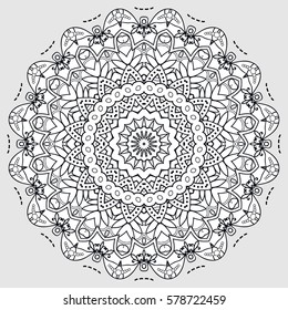 Mandala sketch round ornament, isolated design element. Doodle art for coloring book page. Tribal ethnic floral geometric pattern, arabic, indian style. Black and white, abstract monochrome background