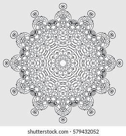 Mandala sketch round ornament, isolated design element. Doodle art for coloring book page. Tribal ethnic floral geometric pattern. Black and white, abstract monochrome background