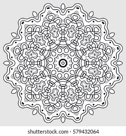 Mandala sketch round ornament, isolated design element. Doodle art for coloring book page. Tribal ethnic floral geometric pattern. Black and white, abstract monochrome background