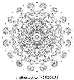 Mandala sketch round ornament, isolated design element. Doodle art for coloring book page. Tribal ethnic floral geometric pattern. Black and white, abstract monochrome background