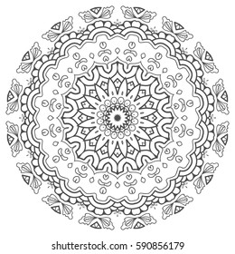 Mandala sketch round ornament, isolated design element. Doodle art for coloring book page. Tribal ethnic floral geometric pattern. Black and white, abstract monochrome background