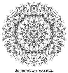 Mandala sketch round ornament, isolated design element. Doodle art for coloring book page. Tribal ethnic floral geometric pattern. Black and white, abstract monochrome background