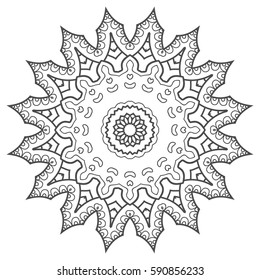 Mandala sketch round ornament, isolated design element. Doodle art for coloring book page. Tribal ethnic floral geometric pattern. Black and white, abstract monochrome background