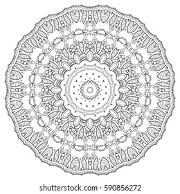 Mandala sketch round ornament, isolated design element. Doodle art for coloring book page. Tribal ethnic floral geometric pattern. Black and white, abstract monochrome background