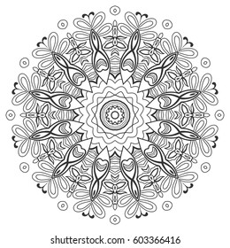 Mandala sketch round ornament, isolated design element. Doodle art for coloring book page. Tribal ethnic floral geometric pattern. Black and white, abstract monochrome background