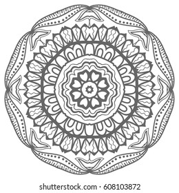 Mandala sketch round ornament, isolated design element. Doodle art for coloring book page. Tribal ethnic floral geometric pattern. Black and white, abstract monochrome background