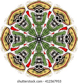 mandala skull on a cactus with a sombrero and red peppers made in vector