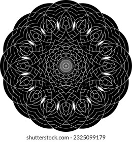 Mandala of small pieces in white lines and black background.