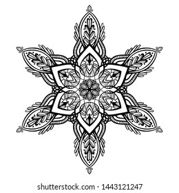 Mandala - snowflake, vector, isolated on white background. Print on clothes and yoga mat. Ethnic art, alchemy, boho style, astrology and magic symbol. Hand drawn element.