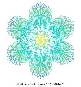 Mandala - snowflake, vector, isolated on white background. Print on clothes and yoga mat. Ethnic art, alchemy, boho style, astrology and magic symbol. Hand drawn element.