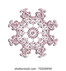 Mandala snowflake. Xmas mood. Red lines on a white snowflake.