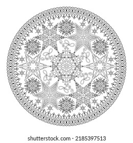 Mandala with snowflakes. Contour drawing on a white background. Anti-stress coloring book for adults and children.