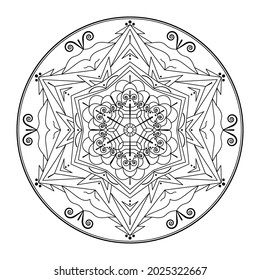 Mandala with snowflakes on a white background. Anti-stress coloring book for children and adults. Decorative element for design