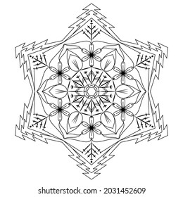 Mandala with snowflakes on a white background. Anti-stress coloring book for children and adults. Decorative element for design