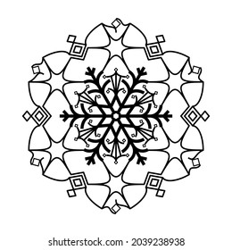 Mandala with snowflakes on a white background. Anti-stress coloring book for children and adults. Decorative element for design