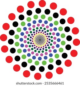 Mandala of solid dots circles, geometric distances into infinity. Colorful Shades. 