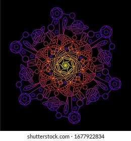 Mandala-Raum auf dunklem Hintergrund. Vektorillustration-Einladungskarte mit mandala. Vintage dekorative Elemente. Stamm, Boho, böhmischer Stil. Elemente für Blitztätowierung. Universum, Universum, Meditation.