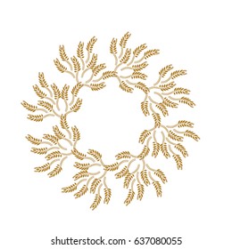 Mandala of spikelets. Golden wheat on white background. Organic product logo design vector template. Agricultural Logo concept.