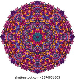 Mandala star ornamental motif abstract geometric design. Vector boho psychdedlic multicolor print