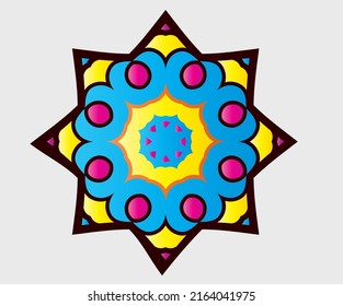 mandala star shaped Pattern with multi colors with blue hues. Abstract vector floral ornamental border design.  kaleidoscope, yoga, india, arabic, vector illustration. eps10.