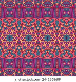 Mandala and stars ethnic tribal festive pattern for fabric. Abstract geometric colorful seamless aztec ornaments. Mexican psychedelic design