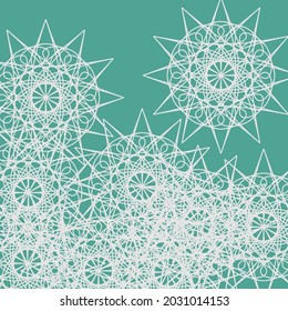 Mandala Stars Print White Messy Ice Mystery Azure Design Pic. Chaotic Turquoise Ornamental Dark Light Pastel Vintage Calm Ornament. Grey Lace Complicated Folk Green Silver Textile Luxury Wallpaper.