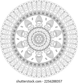 Mandala with strawberries and flowers in black and white.