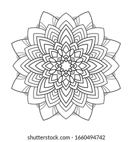 Mandala mit gestreifter Dekoration auf weißem, isoliertem Hintergrund. Gut zum Färben von Buchseiten.