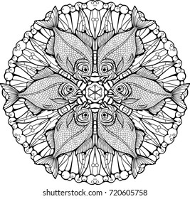 Mandala style black and white image of mosaics elements and fishes.