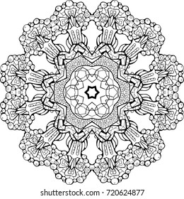 Mandala style black and white image of elements inspired by  architecture.
