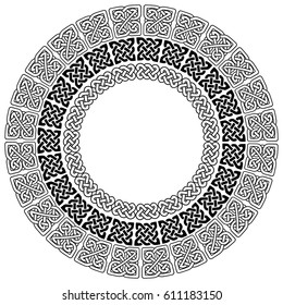 Mandala style Celtic style endless knot symbols in white on black background in 3 circles with vary shapes inspired by Irish St Patrick's Day, and Irish and Scottish carving art