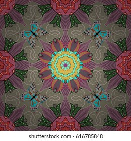 Mandala style. Colored mandala on colorful background. Rich ethnic striped seamless pattern geometric design. Vector illustration.