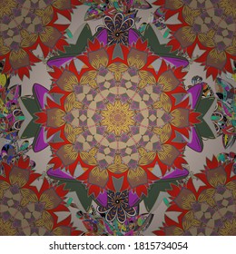 Mandala style. Colored mandala on red, green and brown colors. Vector illustration. Rich ethnic striped seamless pattern geometric design.