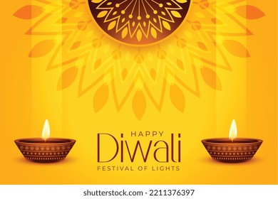 mandala style diwali celebration banner in yellow background 