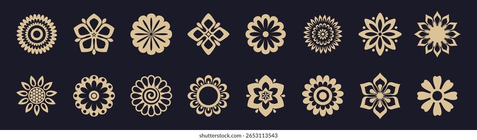 Mandala style flower icon set with ornamental geometric floral designs. Great for logo elements, prints, or spiritual symbols