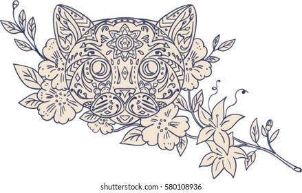Mandala style illustration of a cat head with jasmine flowers viewed from front set on isolated white background. 