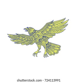 Mandala style illustration of a Common Raven of genus corvus, a large all-black passerine bird Flying viewed from side