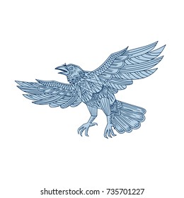 Mandala style illustration of a Crow, raven or blackbird  Flying  viewed from side on isolated background.